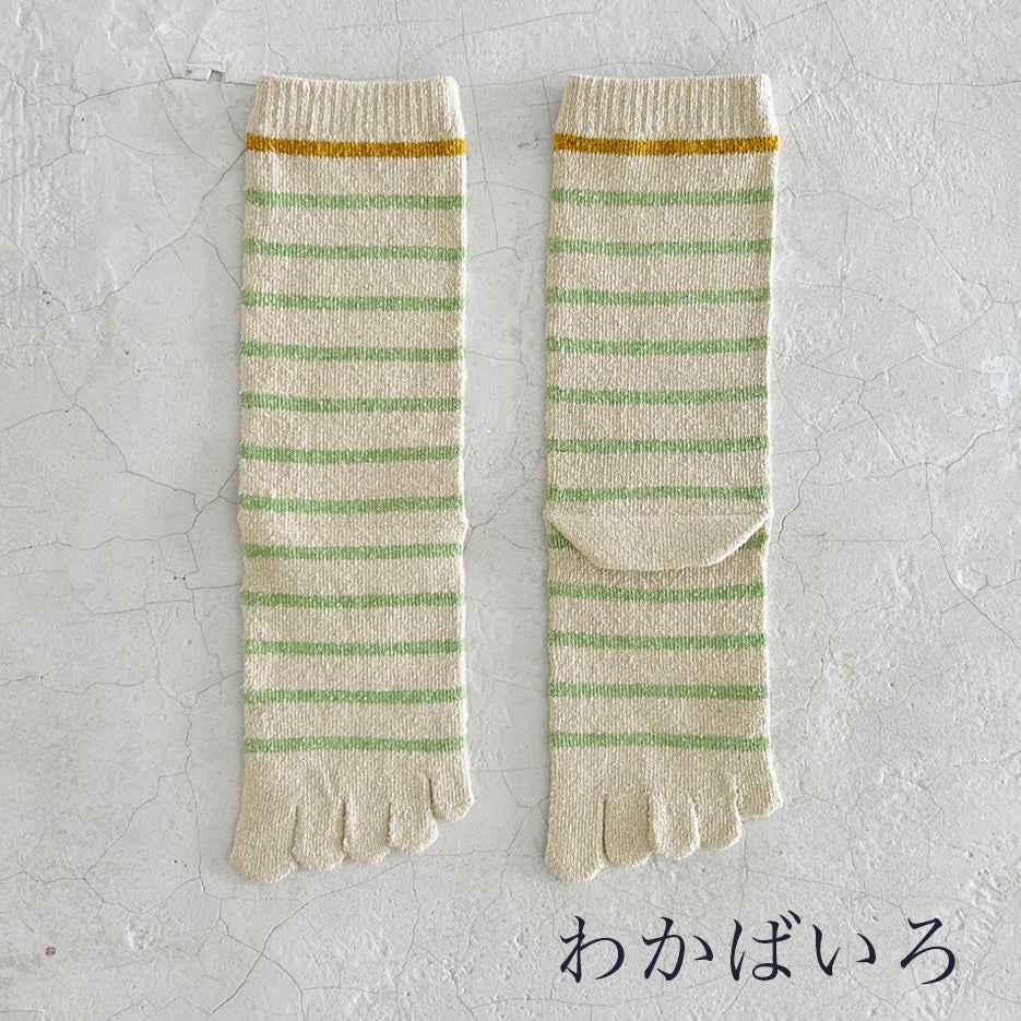 シルクメランジ 5本指アクセントラフボーダー クルー丈ソックス  23-25cm